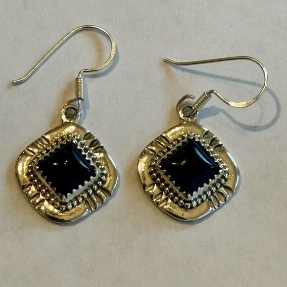 Southwestern Square Framed Genuine Black Onyx Sterling Silver Dangle Earrings - Picture 3 of 4